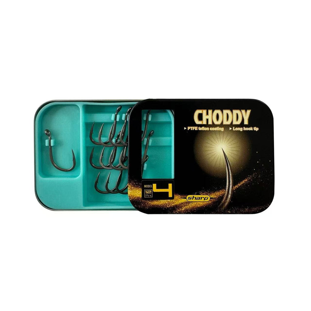 "Choddy" PTFE Coated Hooks (12 Pack Metal Tin) - Out-Turned Eye