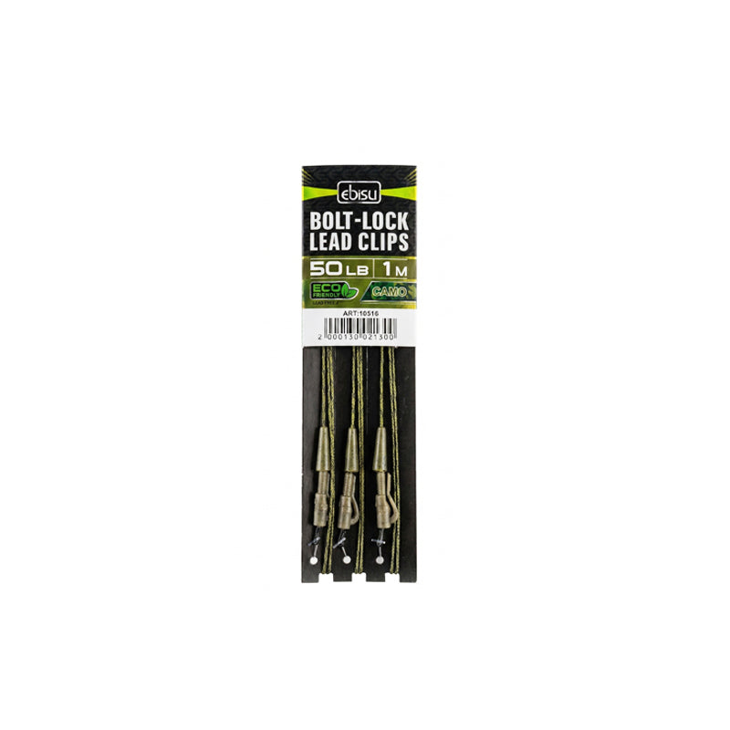 Ebisu Bolt-Lock safety lead clip leader 3 pack, 50lb camo green lead-free material for carp rigs.