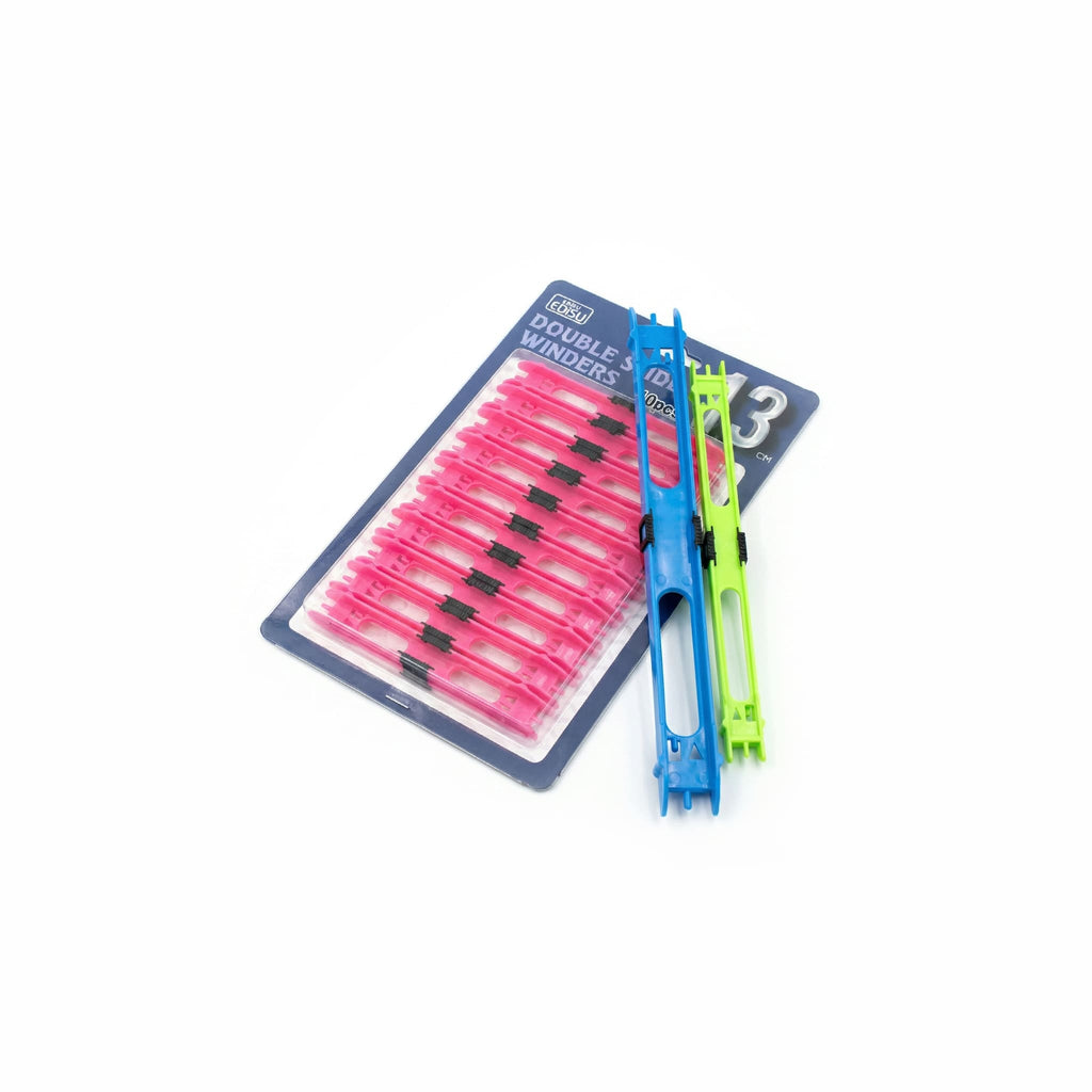 Ebisu double slider rig winders 10 pack in pink, 13cm length with sliding hook anchors, no pins required for pole fishing rigs.