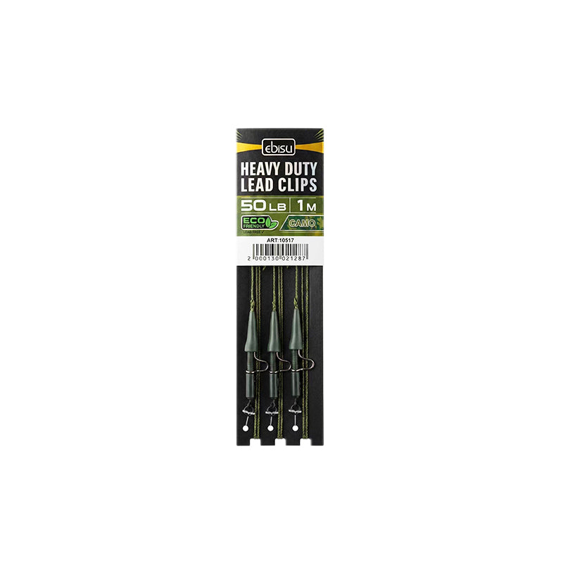 Ebisu heavy duty lead clip leader 3 pack with metal arm, 50lb camo lead-free material for extreme distance casting.