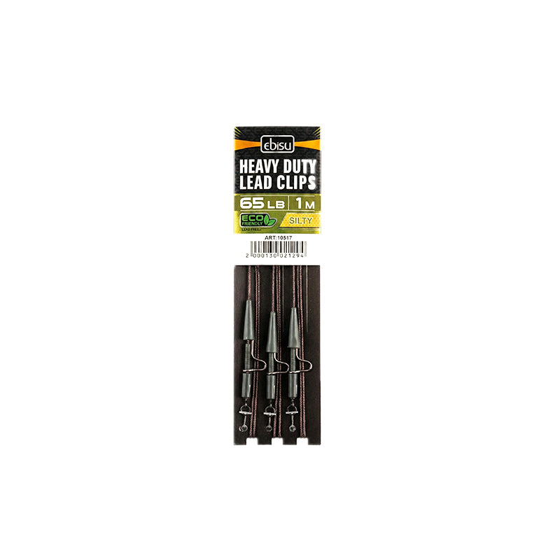 Ebisu extra strong 65lb lead free leader with heavy duty metal lead clip, silty brown, designed for big carp and river fishing.
