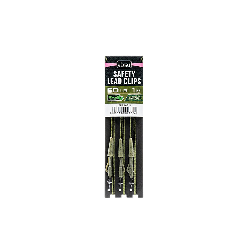 Ebisu safety lead clip leader 3 pack, 50lb camo green lead-free sinking material with bolt rig system.