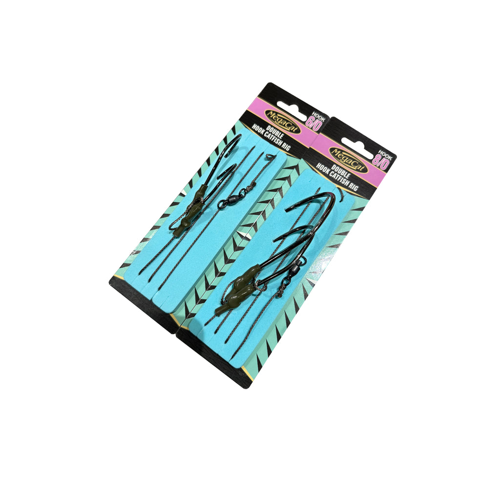 MegaCat ready tied double hook catfish rig sizes 6/0 and 8/0, heavy duty leader ideal for worm and squid baits.
