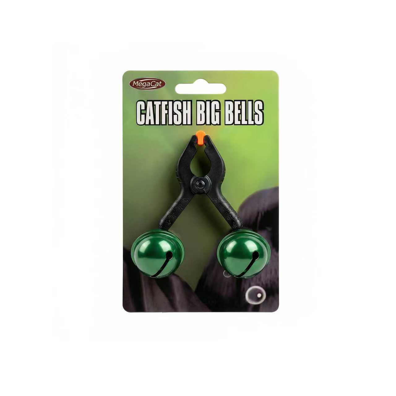 MegaCat heavy duty catfish rod bells with glow stick slot and strong clamp for thick rod tips.
