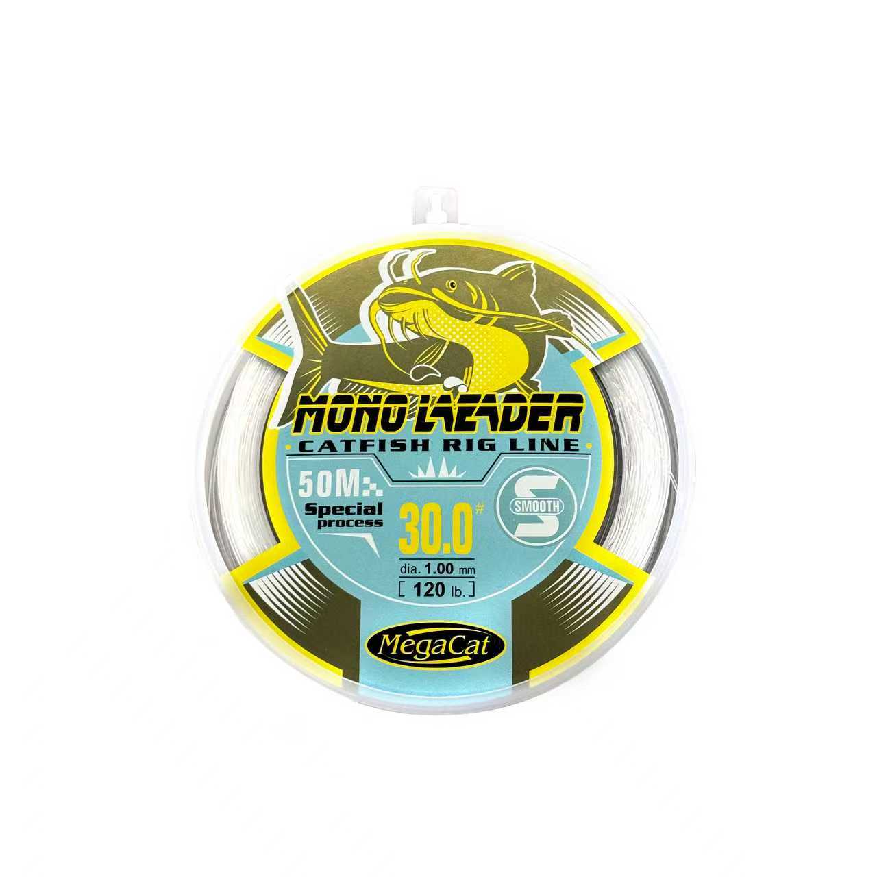 MegaCat Mono Leader spool 50m, 1.00mm diameter and 120lb strength, clear heavy duty monofilament for catfish rigs.