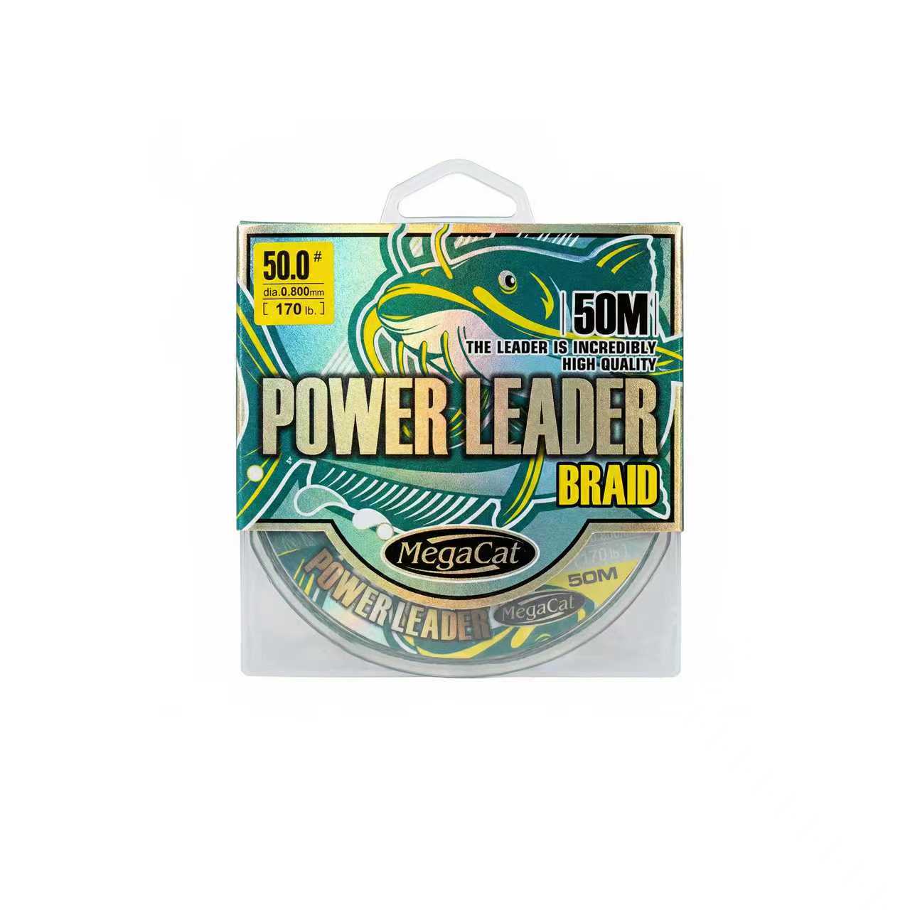 MegaCat Power Leader Braid 50m spool with 170lb breaking strain and 0.80mm diameter, designed for extreme catfish fishing