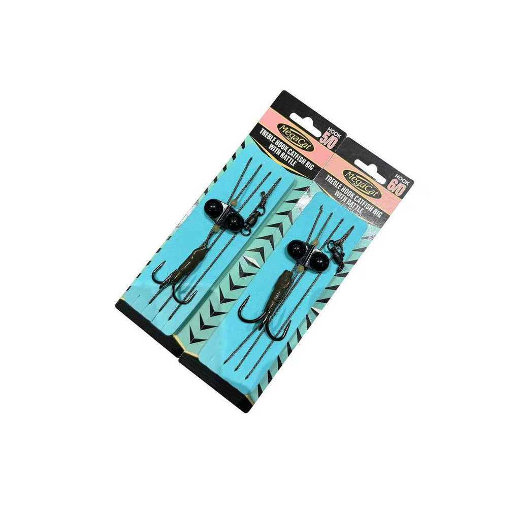 MegaCat ready tied catfish rig featuring a heavy duty treble hook and underwater rattle for attracting predators.