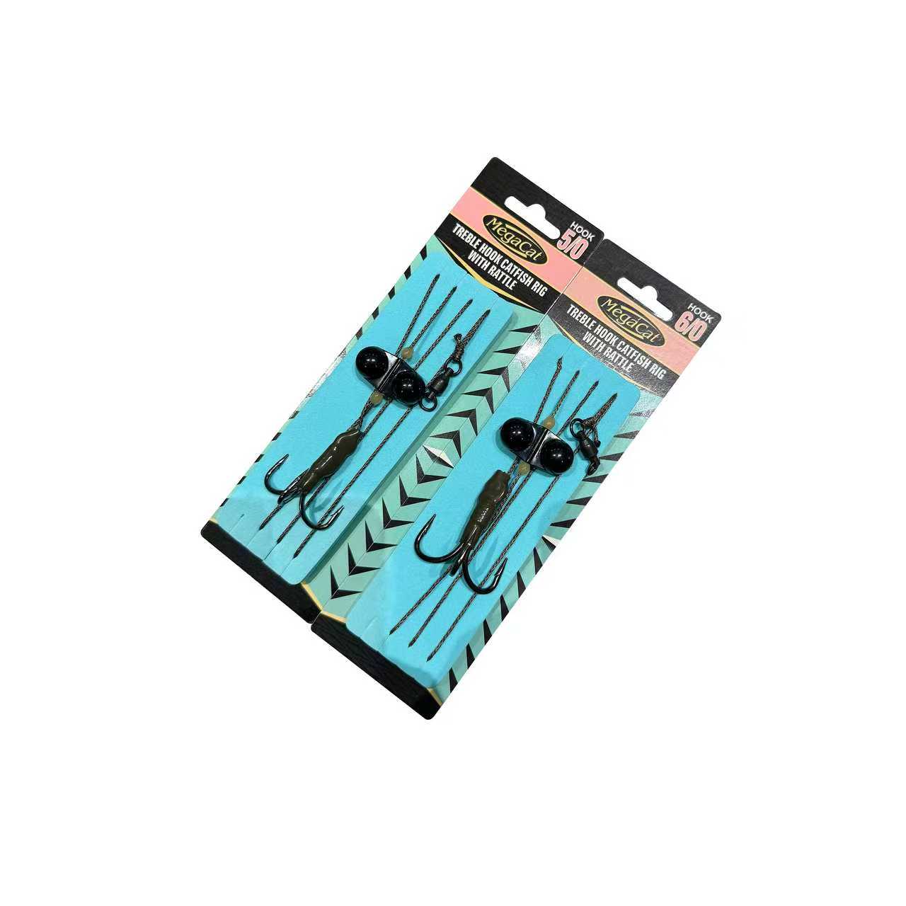 MegaCat ready tied catfish rig featuring a heavy duty treble hook and underwater rattle for attracting predators.
