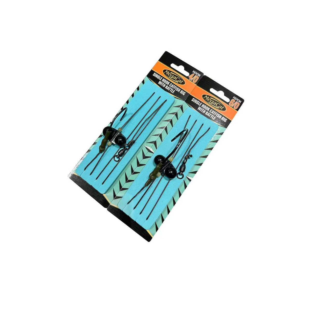 MegaCat ready tied single hook catfish rig with underwater rattle, available in sizes 4/0 and 6/0 for pellet and live bait fishing.