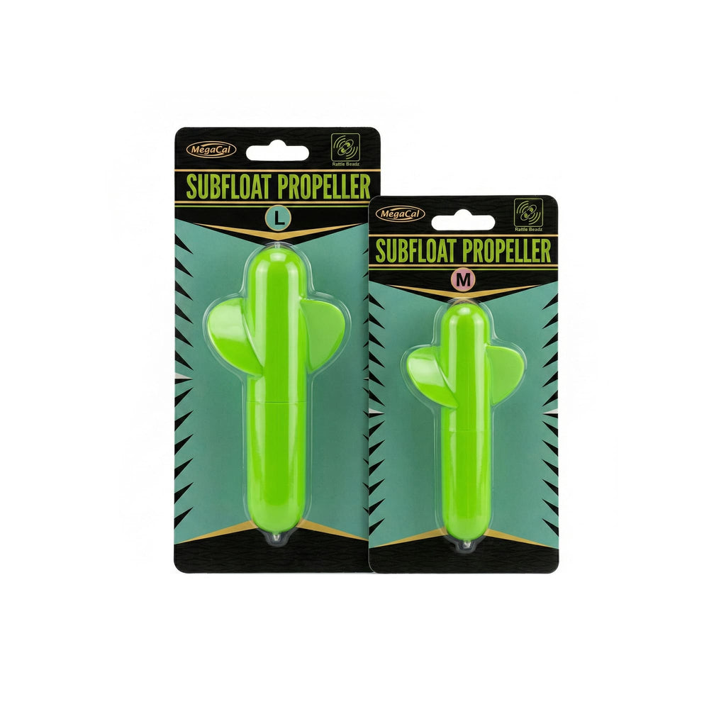 MegaCat Subfloat Propeller in bright green, featuring spinning wings and internal rattle beads to create vibration for attracting catfish.