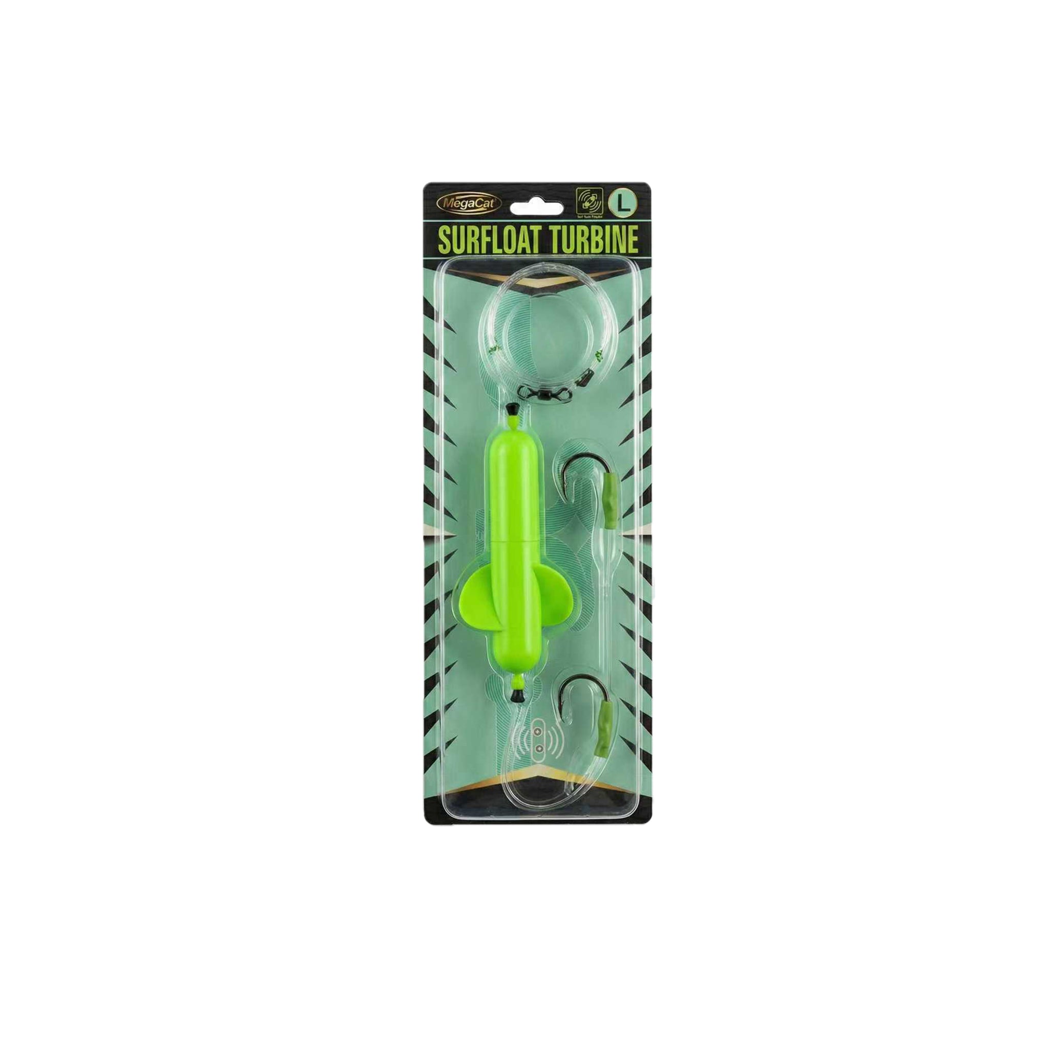 MegaCat Surfloat Turbine ready tied catfish rig featuring a spinning propeller float and heavy duty hook system for maximum vibration.