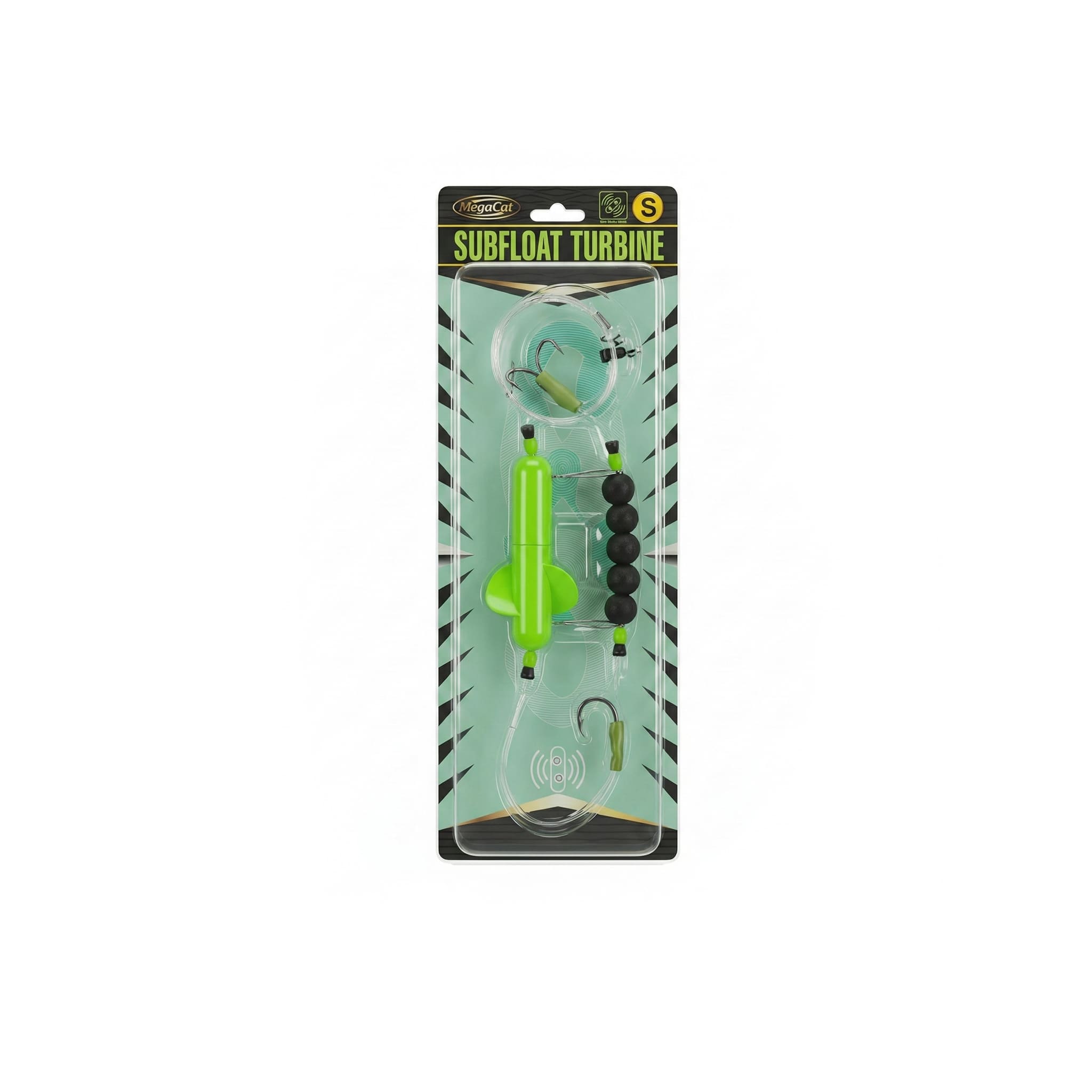 MegaCat Surfloat Turbine Size S ready tied catfish rig, featuring a green propeller float and black rattle chain beads for extra noise.