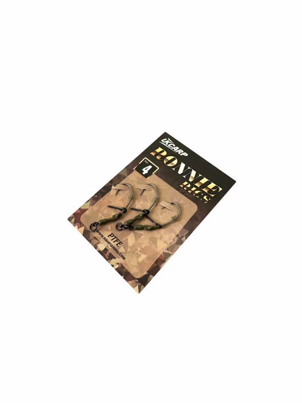 UKCARP Ronnie Rigs Size 4 with PTFE anti-glare coating in camo packaging.